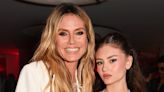 Heidi Klum highlights her very toned legs in a feathered mini dress worn by daughter Leni