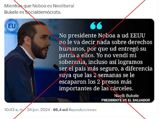 Titular del diario El Universo de Ecuador con cita de Bukele sobre Noboa es falso