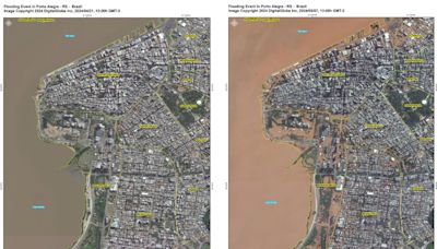 Imagens de satélite comparam Porto Alegre antes das inundações com estado de calamidade atual