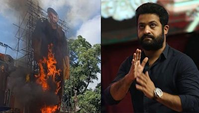 Shocking Video: Jr NTR's Cut-Out Set On Fire By Unruly Fans Outside Hyderabad Theatre During Devara Screening