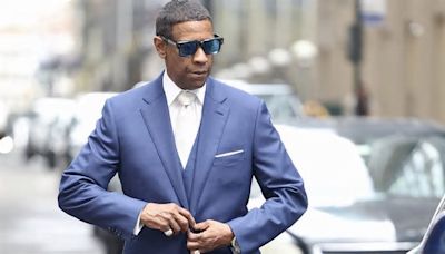 Denzel Washington looks dapper in blue suit while shooting scene with Jeffrey Wright for new Spike Lee crime thriller film High And Low in NYC