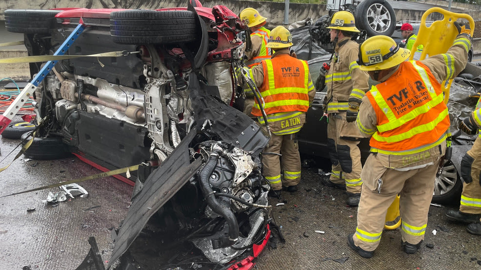 Seven-car pileup on I-5 off-ramp leaves two critically injured, cars overturned