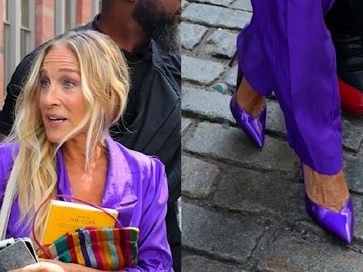 Sarah Jessica Parker Brings All the Drama in Glossy Purple Pumps While Filming ‘And Just Like That’ in New York