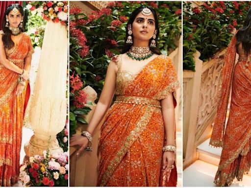 Isha Ambani adds modern twist to traditional bandhani saree with ruffles and sequins for Radhika-Anant's Mameru ceremony