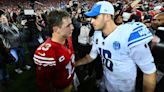 San Francisco 49 ers quarterback Brock Purdy speaks with Detroit Lions quarterback Jared Goff after their NFC Championship Game at Levi's Stadium...