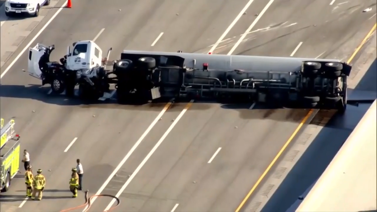 Crash on Florida Turnpike in SW Miami-Dade causes tanker truck to overturn, leading to rush hour backups - WSVN 7News | Miami News, Weather, Sports | Fort Lauderdale