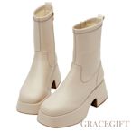 【Grace Gift】紀卜心聯名-全糖歐膩線條感厚底襪靴 米白