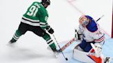 Edmonton Oilers goaltender Stuart Skinner makes a save against the Dallas Stars' Tyler Seguin during the second period in Game 2 of the Western Conference ...