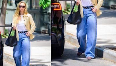 Jennifer Lawrence combina baggy jeans con cinturón, bailarinas de malla y playera blanca