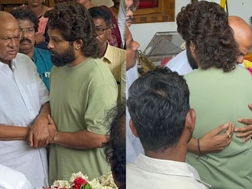 Allu Arjun hugs a bereaved Rajendra Prasad after his daughter Gayathri's death