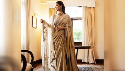 Rukmini Maitra looks gorgeous in a beige sequin sari