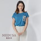 現貨【MEDUSA 曼度莎】後雪紡拼接 藍色貓咪T恤（M-XL）｜女上衣 女短袖上衣 拼接