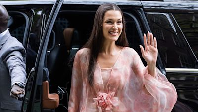 Bella Hadid Looks Ethereal in a Flowing Pink Watercolor Dress