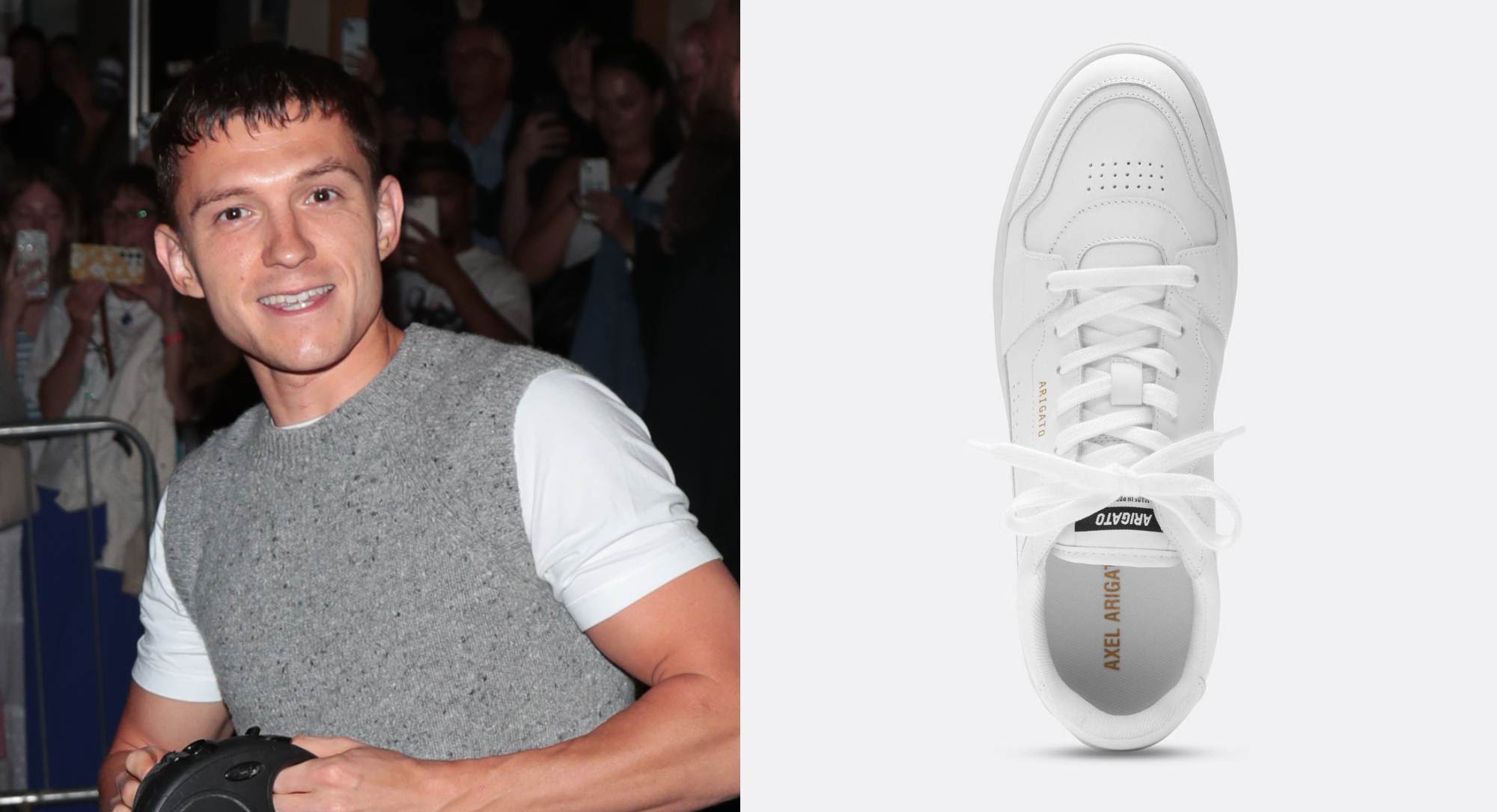 Tom Holland Laces Up Classic All-White Axel Arigato Dice Lo Sneakers at Duke of York Theatre in London