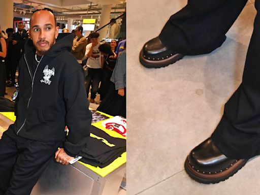 Lewis Hamilton Celebrates the Launch of His +44 ‘Home Turf’ Collection in Sleek Leather Dior Shoes in London