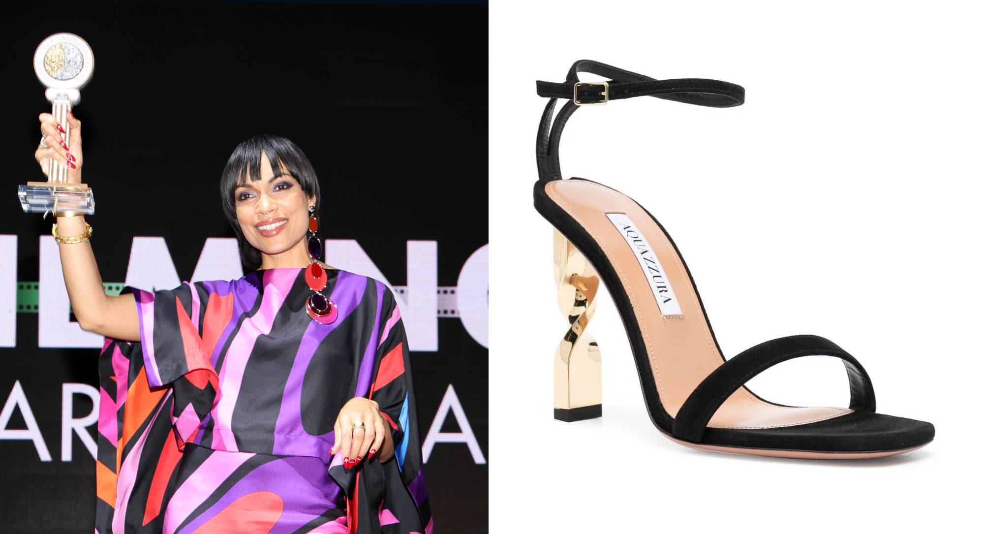 Rosario Dawson Flatters her Feet in Unique Aquazzura Twist 105 Sandal Heels at Filming Italy Festival 2024