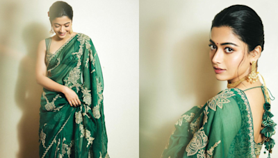 Rashmika Mandanna charms in a green organza sari with vintage glam