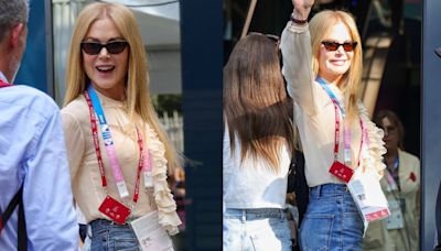 Nicole Kidman Accessorizes Beige Ruffle Bib Blouse With Fall’s Hottest Red Hue at 2024 Paris Olympics With Keith Urban and Daughters Sunday Rose and Faith at Gymnastics Finals