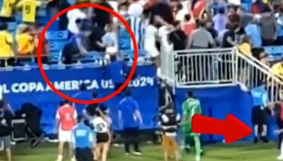 El momento en el que Rodrigo Bentancur hirió de un botellazo en la cabeza al preparador físico de Uruguay en medio de la pelea en la tribuna