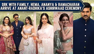 Shah Rukh Khan, Suhana, Hema Malini, Ananya, and Ramcharan grace Anant-Radhika's Aashirwad ceremony.