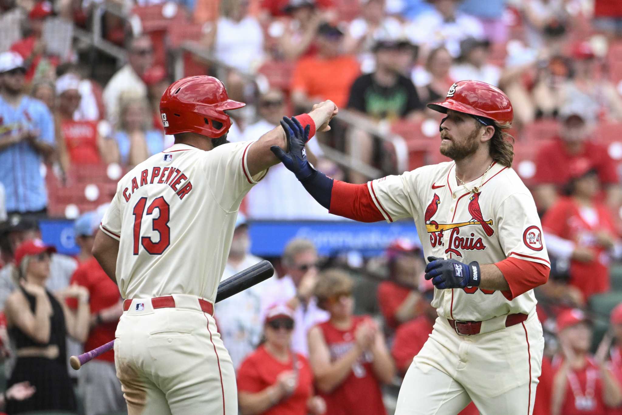 Burleson's first big league multi-homer game lifts Cardinals over Giants 9-4 and back over .500