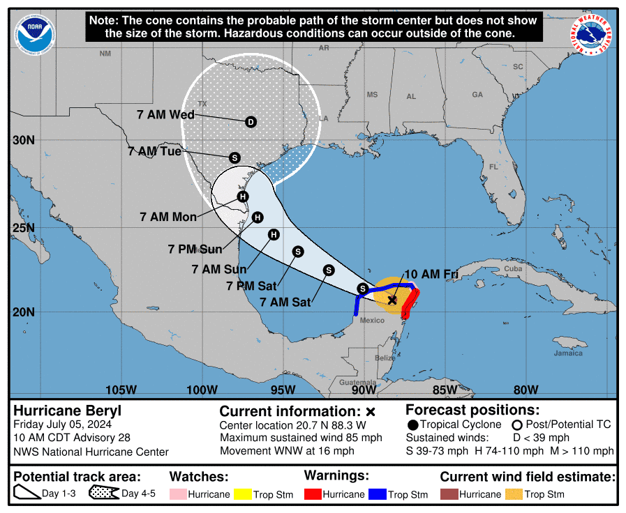 NHC map shows most of Texas in Hurricane Beryl's path. Here's how much rain it could bring