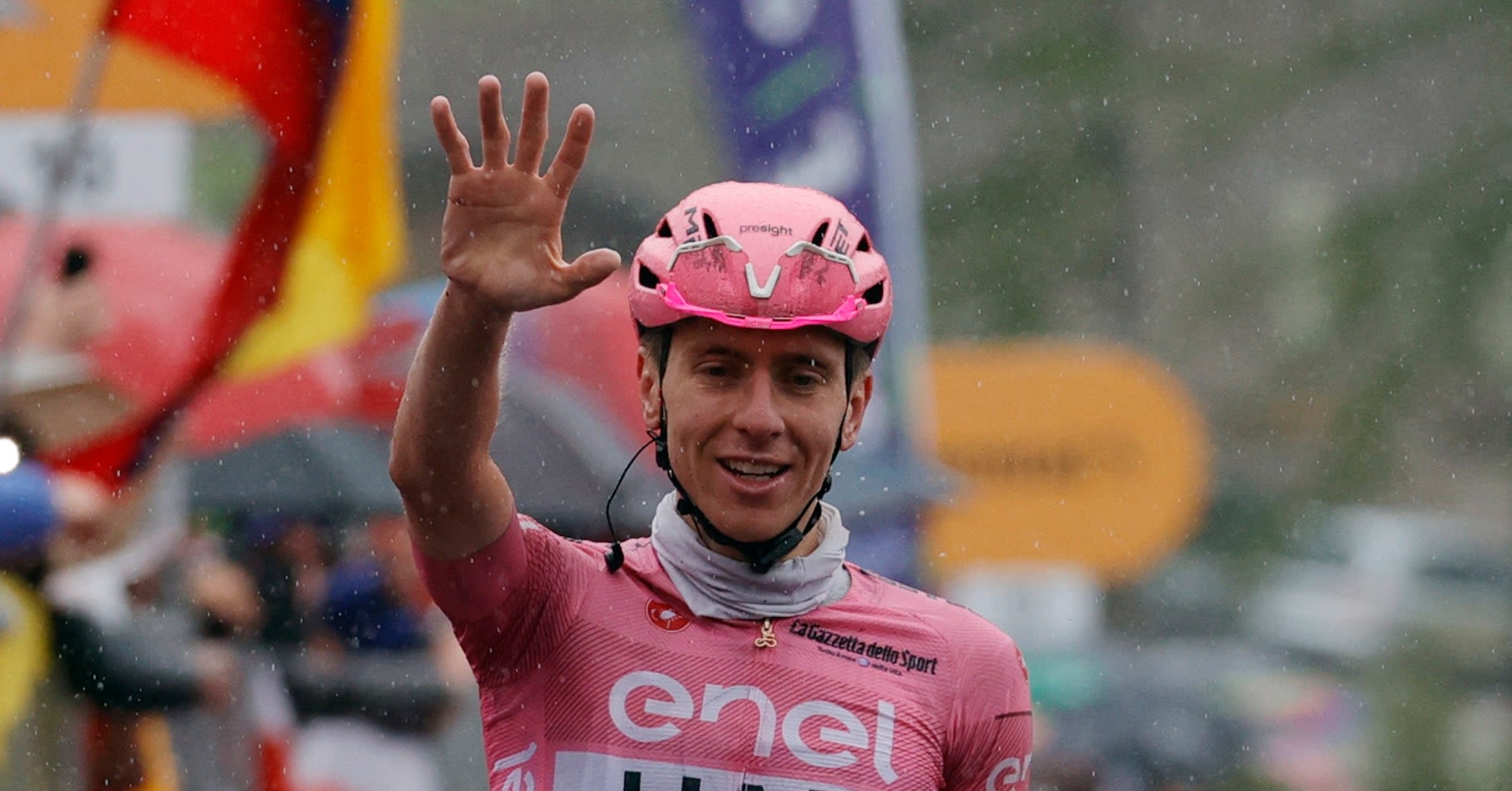 Pogacar powers to win number five in weather-hit Giro stage