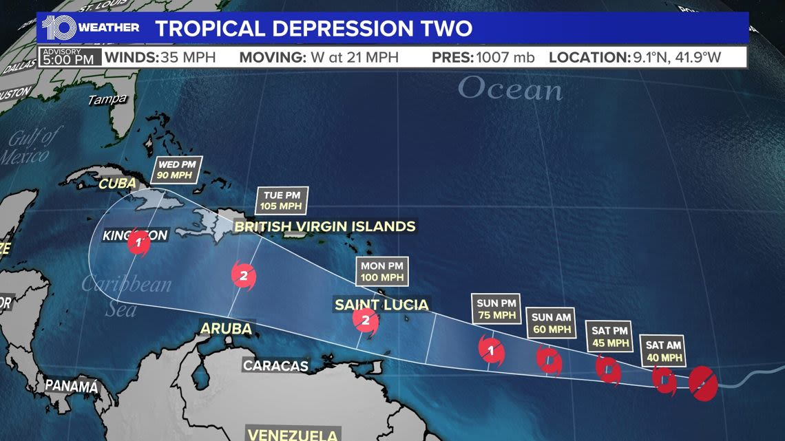 Tropical Depression Two forms in the Atlantic Ocean; expected to become hurricane
