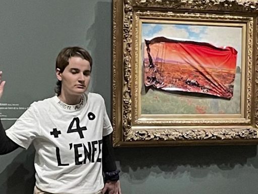 Climate protester sticks poster over Monet painting at the Musee D'Orsay