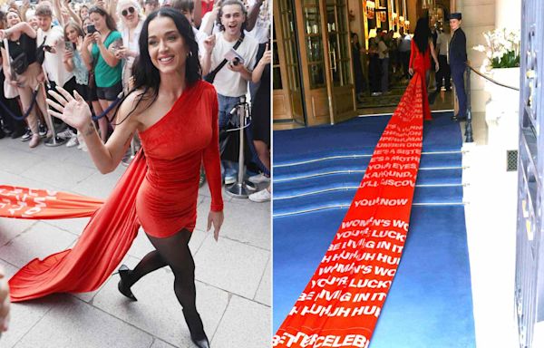 Katy Perry Takes on Paris in Red-Hot Minidress with Mega Train Featuring Lyrics from Her New Single