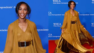 Abby Phillip Flows in Gold Pleated Dress by Sergio Hudson on White House Correspondents’ Dinner 2024 Red Carpet