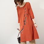 慢 生活 文藝鯉魚圖案反摺袖棉質連衣裙棉麻洋裝- 橘色