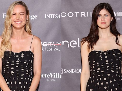 Brie Larson and Alexandra Daddario Twin in Polka Dot Doên Dress on Filming Italy 2024 Red Carpet