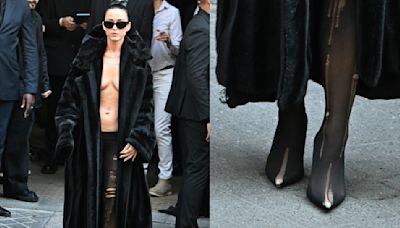 Katy Perry Wears Ripped Tights Over Pumps with No Shirt Under Balenciaga Fur Coat at Paris Couture Week