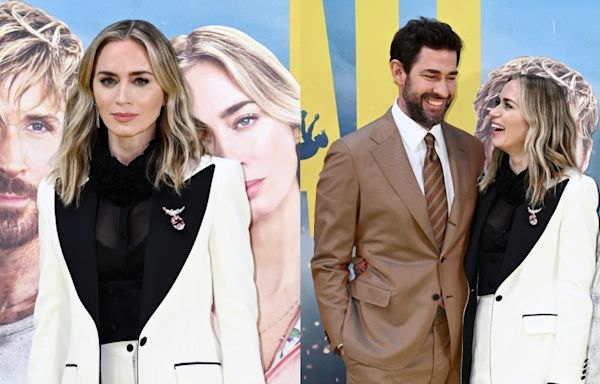 Emily Blunt Suits Up in Sharp Blazer With Sheer Blouse for ‘The Fall Guy’ London Screening With John Krasinski