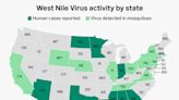 Map shows states where West Nile virus has been detected in humans and mosquitos. The disease can cause a range of symptoms, from fever to brain swelling.