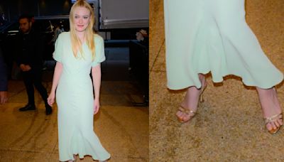 Dakota Fanning Glows in Gold Strappy Sandals and Seafoam Green Dress for ‘The Watchers’ Promo