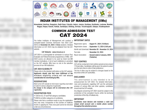 IIM Calcutta releases CAT 2024 notice, exam on Nov 24: Check complete admission schedule here - Times of India