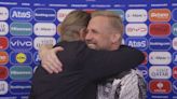 Peter Schmeichel hugs son Kasper live on TV after Denmark frustrate England