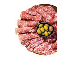 A cured meat assortment offers a flavorful array of meats, showcasing a spectrum of tastes. The assortment often includes various cuts and styles of cured meats, such as salami, prosciutto, chorizo, and more.