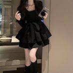 【巴黎】【法式】大碼女裝法式赫本風洋裝小眾設計感方領收腰綁帶黑色年會裙 大尺碼洋裝禮服