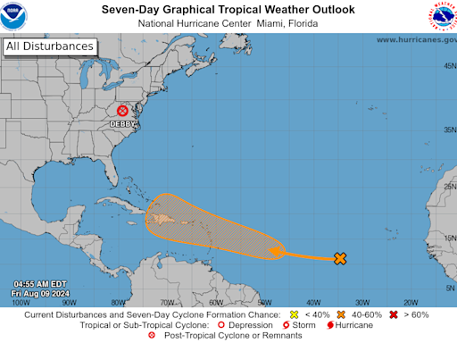 National Hurricane Center tracking tropical wave showing potential for development. Debby weakens