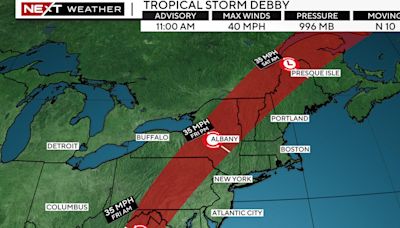 Debby's storm path is now west of Massachusetts. Here's the latest timeline and rainfall forecast.