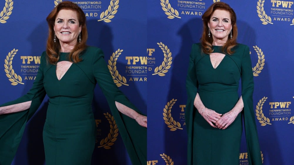 Sarah Ferguson, Duchess of York Goes Green in Safiyaa Dress for the Perfect World Foundation’s Honorary Conservation Award Red Carpet