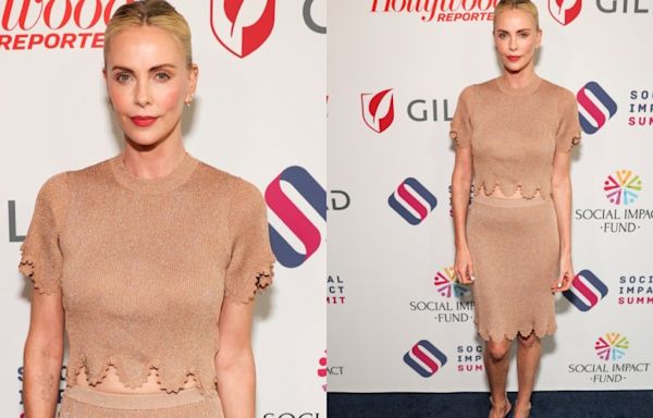 Charlize Theron Gives Tonal Nude Dressing Shimmering Finishes in Metallic Chloé Scolloped Set at Social Impact Summit