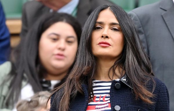 Salma Hayek Perfects Wimbledon Chic by Pairing a $3,500 Tweed Blazer With a Striped Gucci Shirt