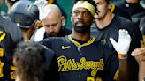 The Pittsburgh Pirates' Andrew McCutchen celebrates after scoring a first-inning run against the Cincinnati Reds at PNC Park on June 17, 2024, in Pittsburgh.