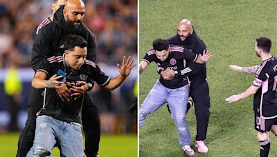 Lionel Messi’s bodyguard sprints to tackle fan who ran onto field