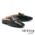 穆勒鞋 MODA Luxury 時髦粗鏈壓紋全真皮低跟穆勒拖鞋－黑