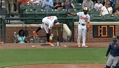 The Orioles' Jorge Mateo left the game after Cedric Mullins accidentally hit him on the head with a bat